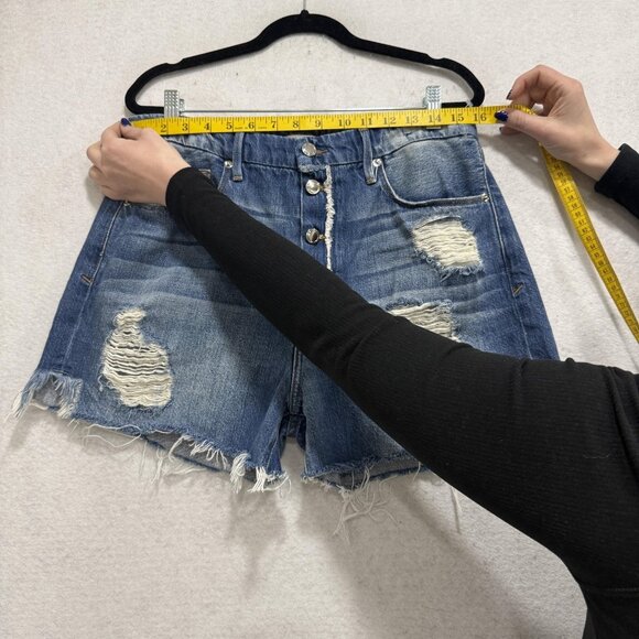 Good American Shorts Womens 8/29 Blue Distressed Denim High Rise Button Fly - Picture 2 of 11